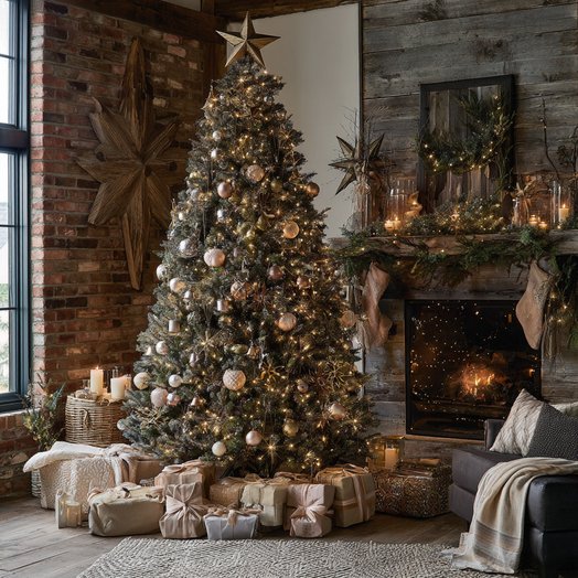 Dark green walls, library shelves, brass accents, velvet chairs, dim warm lighting, festive pine garlands.