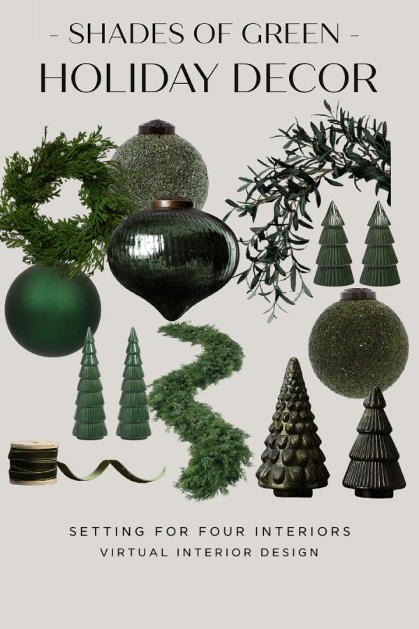 Open shelving unit filled with vintage glass ornaments, wooden nutcrackers, brass bells, warm ambient glow.