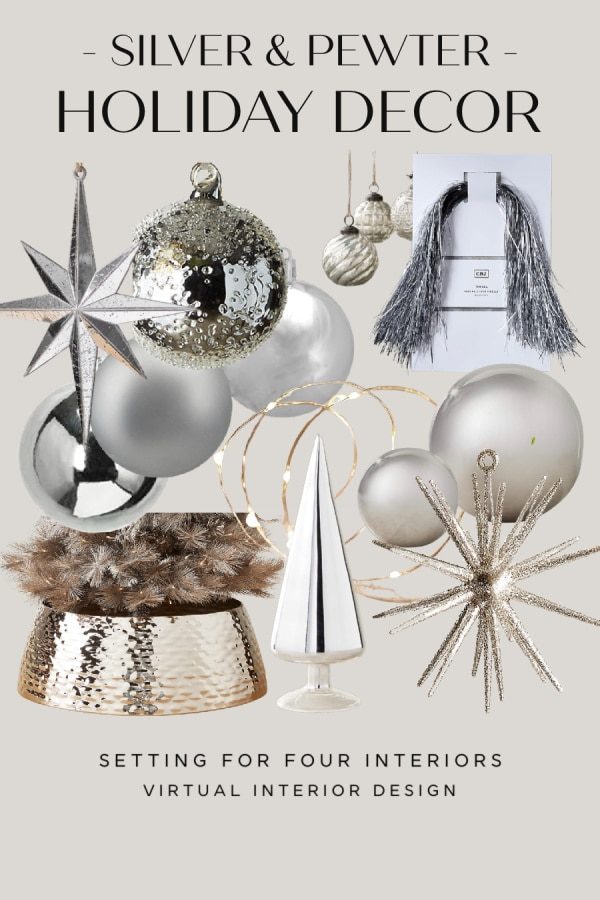 Modern living room, silver ornaments, mirrored surfaces, grey velvet sofa, cool white lighting, glass coffee table.