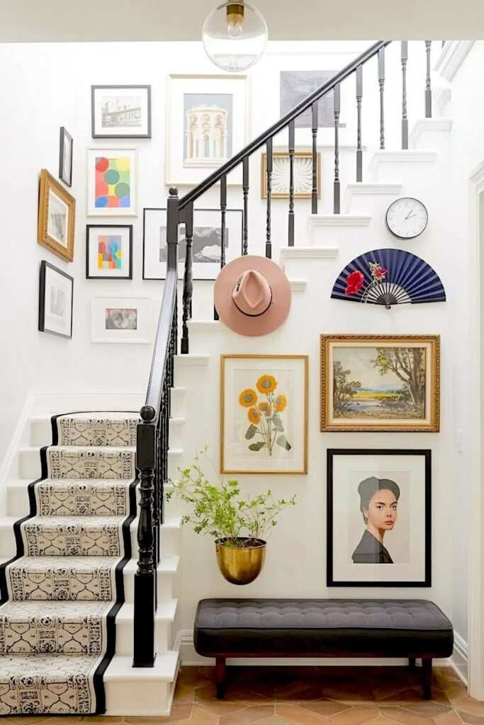 Eclectic mix of art, vases, and objects on staircase shelves, diverse textures, global style