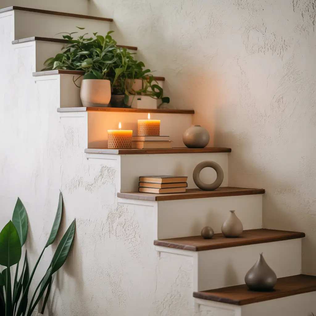 Industrial stair landing with metal bench, concrete accents, and exposed brick, edgy style