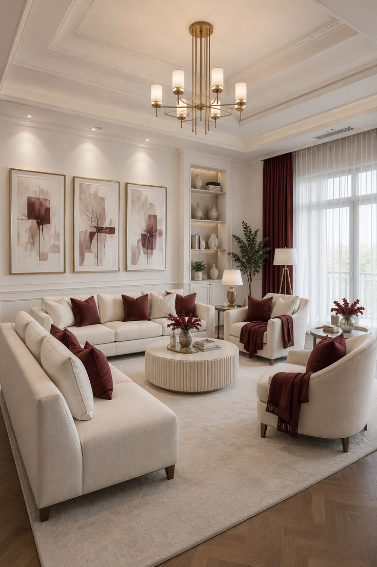 Burgundy &amp;amp;amp; Cream Elegant Living Room Decor