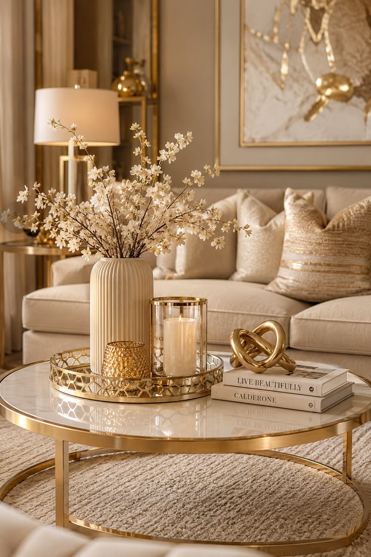 Luxury Beige &amp;amp;amp; Gold Living Room Decor