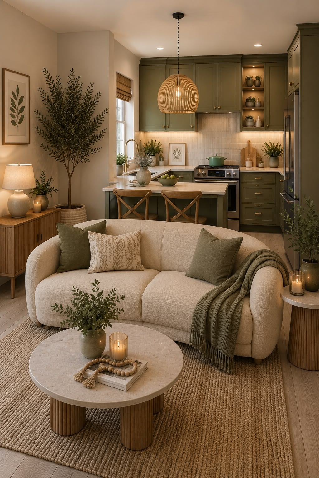 Olive Green &amp;amp;amp; Warm Beige Cozy Living Room