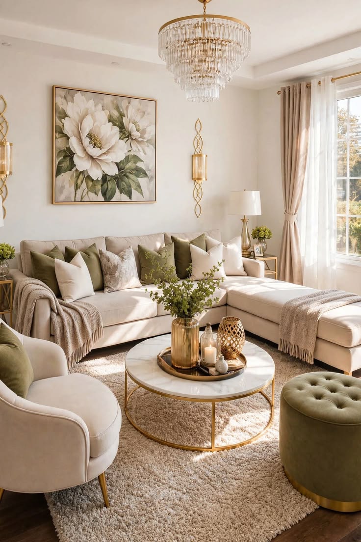 Sunlit Sage Green &amp;amp;amp; Beige Luxe Living Room
