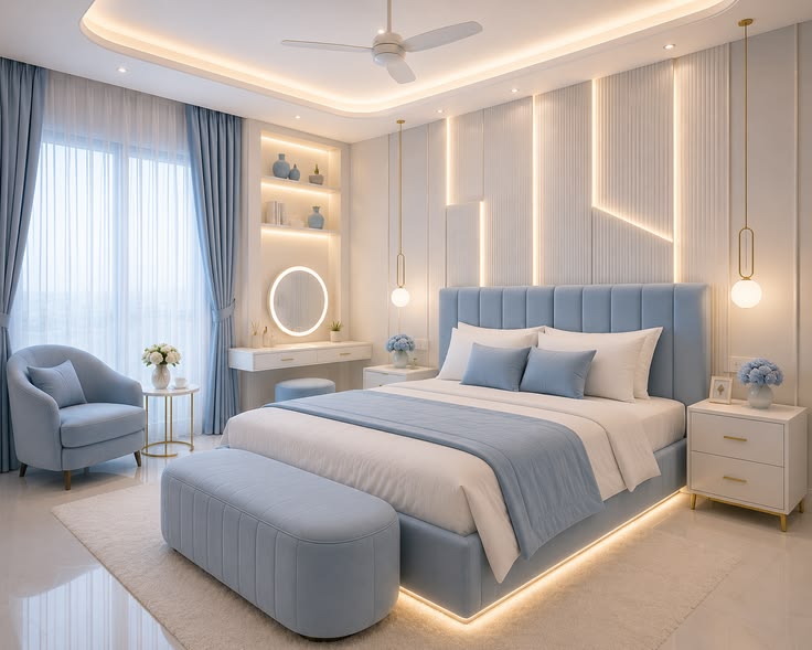 Sky Blue &amp;amp;amp; White Luxury Bedroom