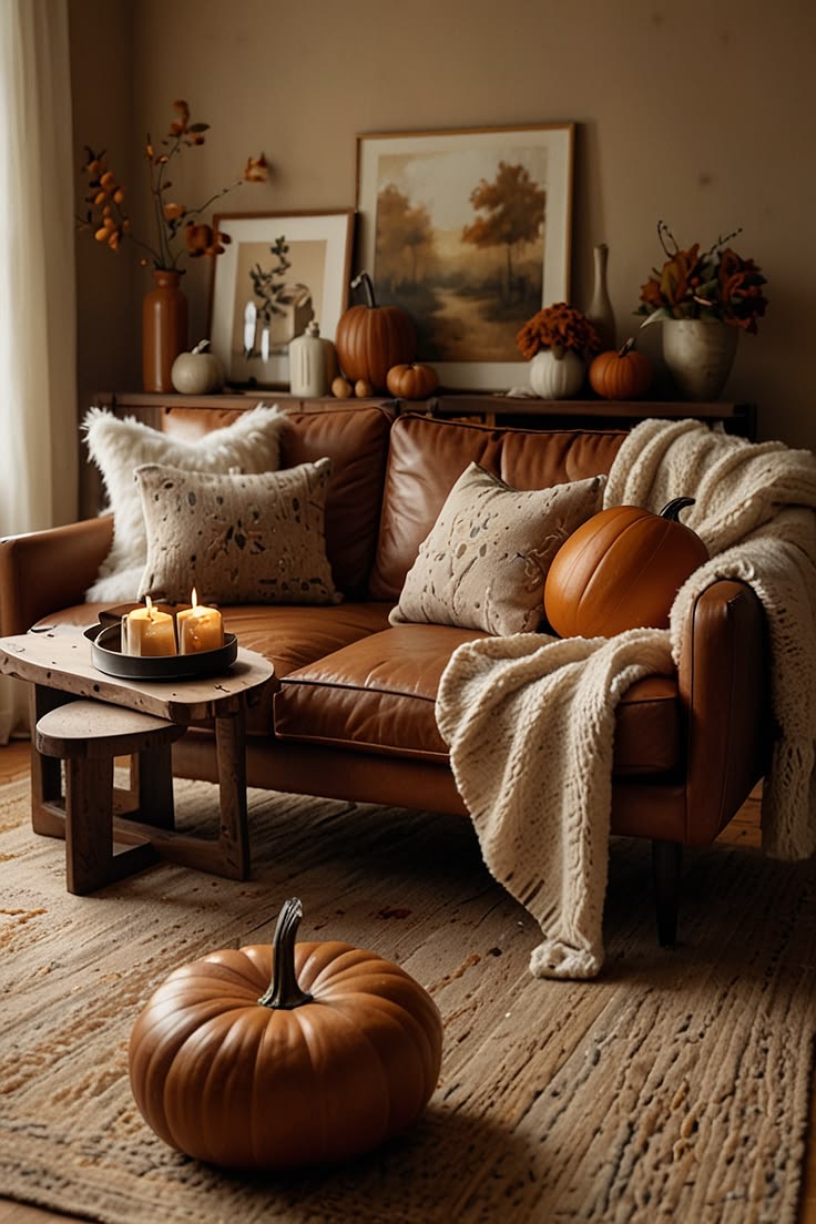 Cognac Leather Couch Fall Decor