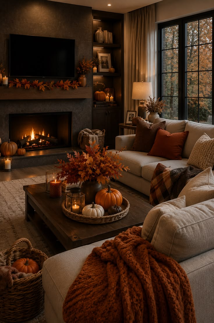 Modern Dark Fireplace Fall Decor