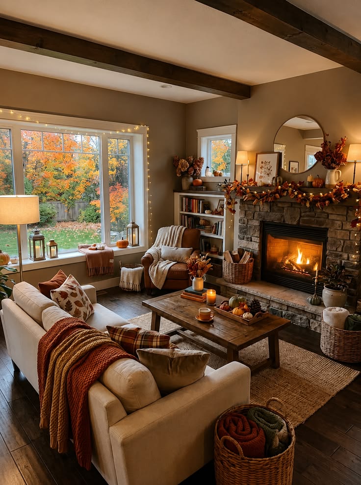 Scenic Foliage Window Stone Hearth