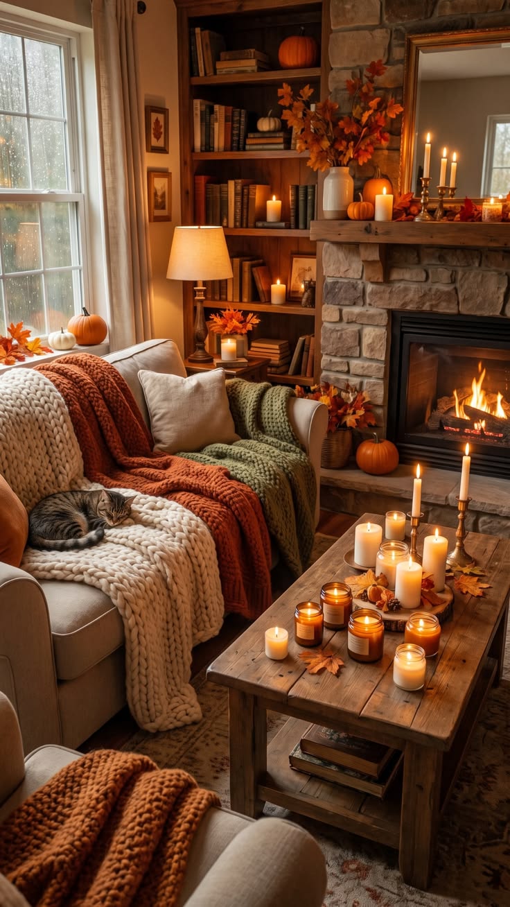 Sleeping Cat Rainy Fall Fireplace