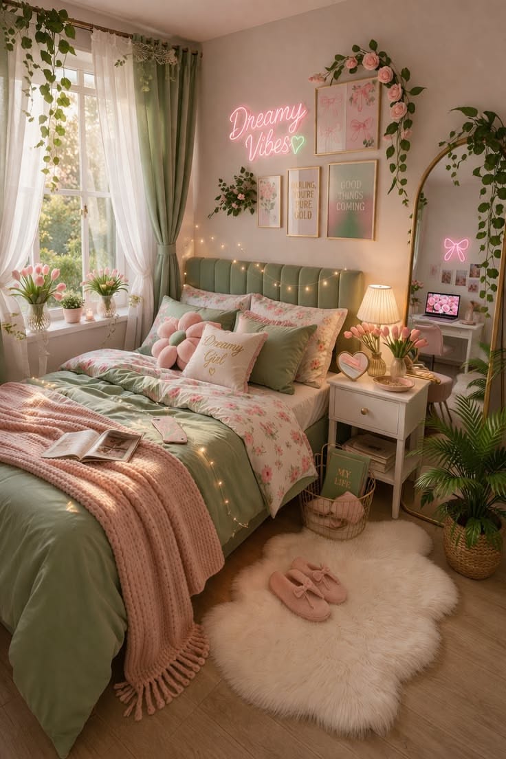 Dreamy Vibes Pink Green Bedroom