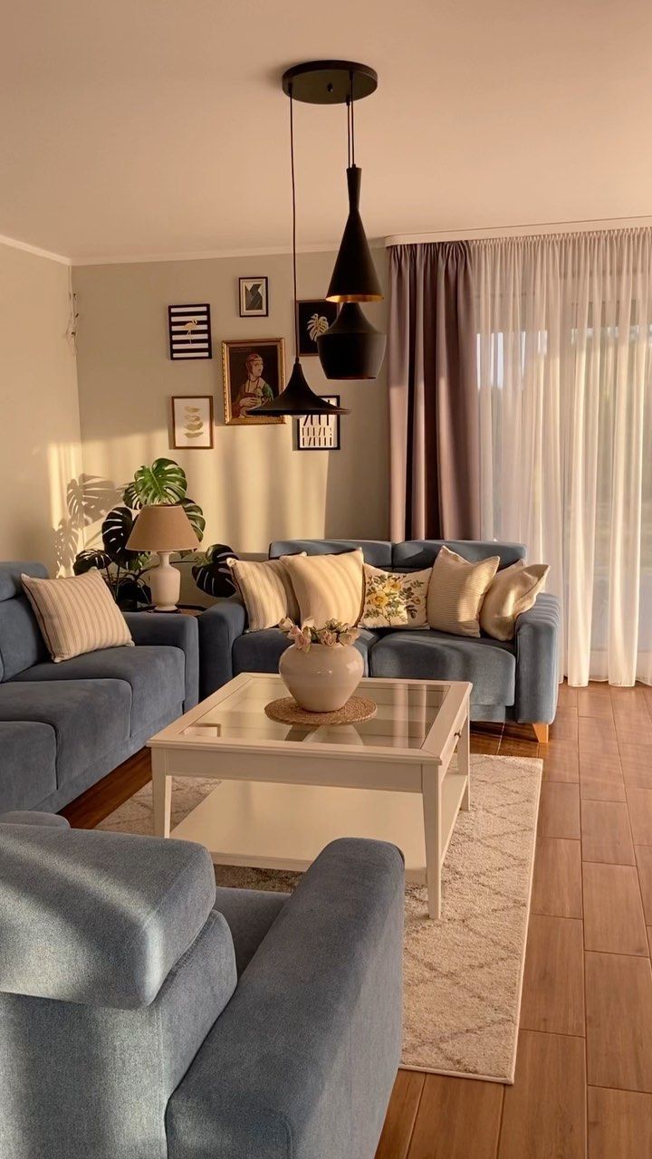 Dusty Blue Sofa Black Pendants