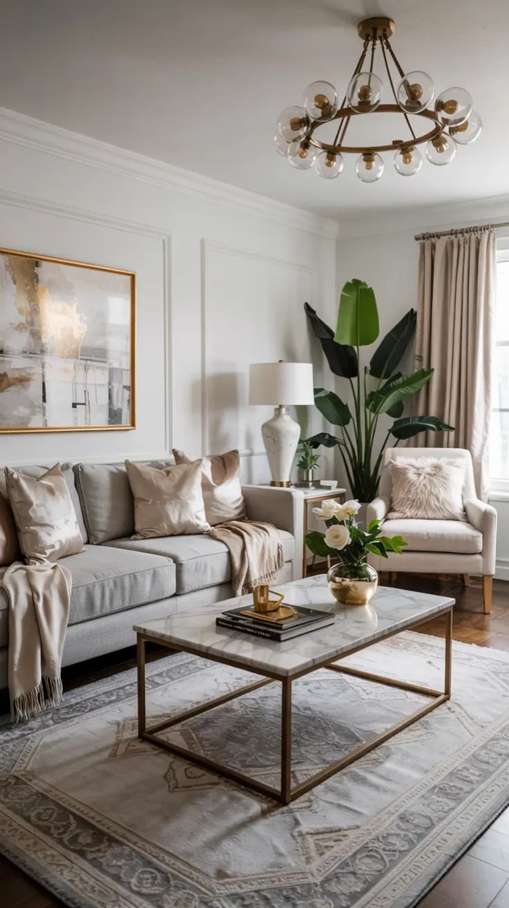 Glam Marble Brass Chandelier Living Room