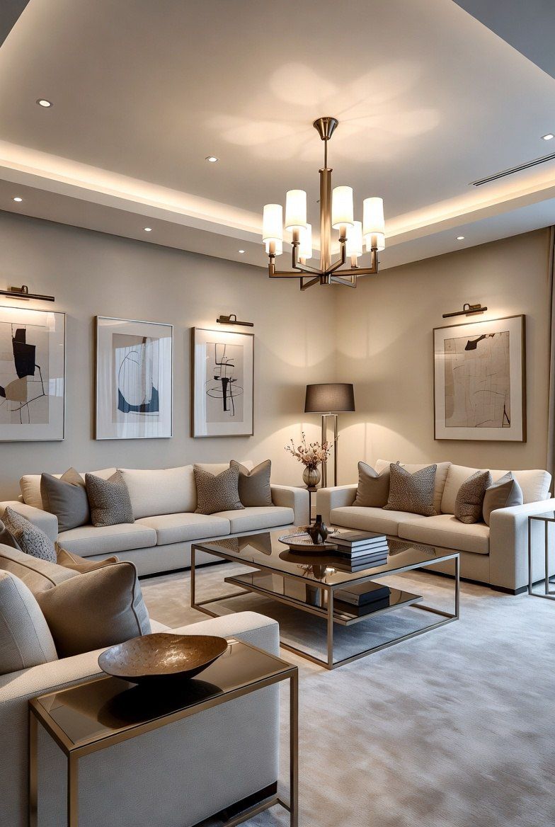 Luxury Cream Sofas Brass Chandelier