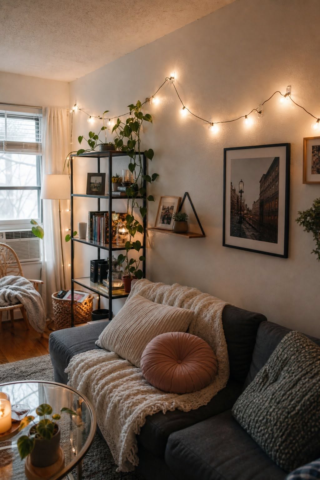 String Lights Bookshelf Apartment