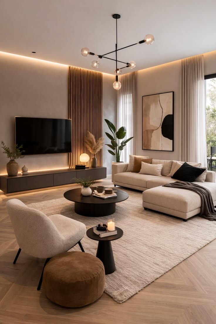 Wood Slat Tv Wall Modern Living Room