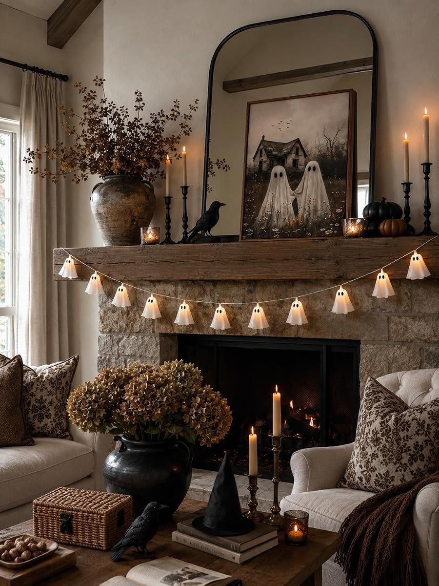 Ghost String Lights Stone Fireplace