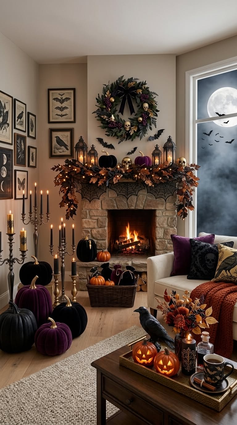 Gothic Fireplace Purple Pumpkins Decor