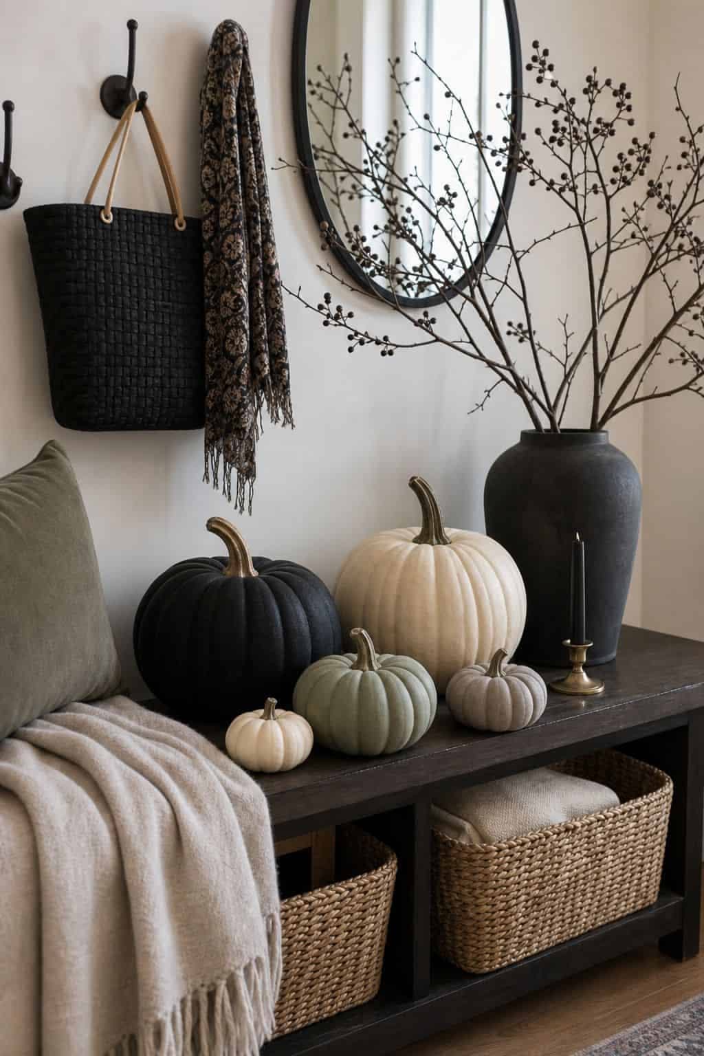 Neutral Muted Pumpkins Entryway Bench