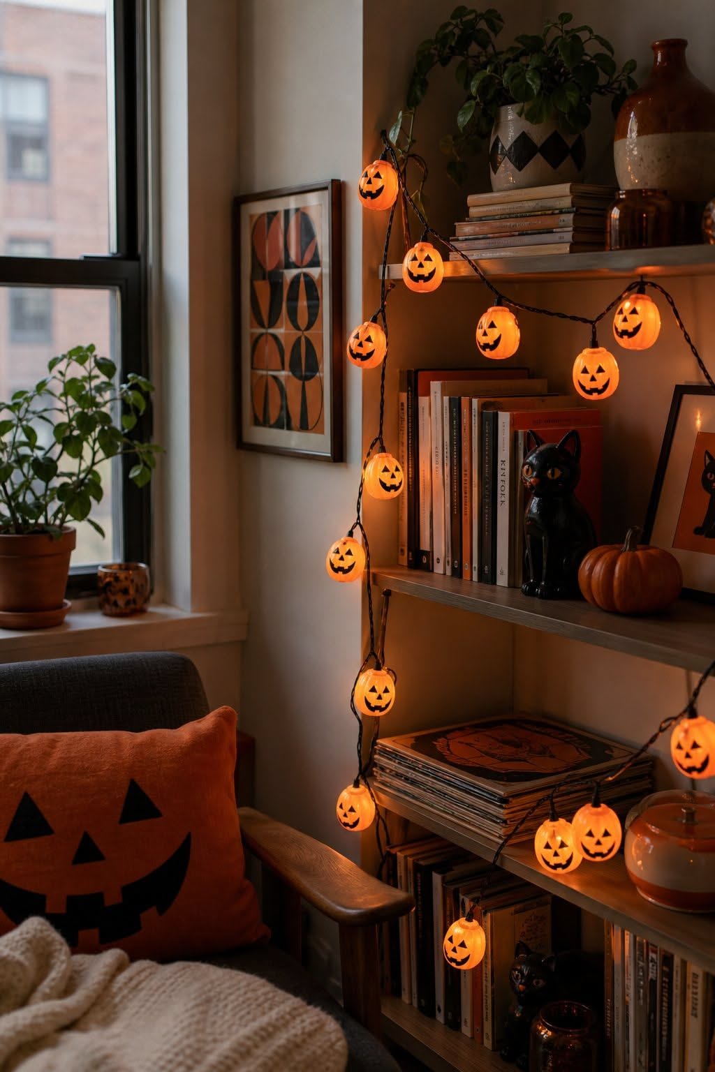 Bookshelf Pumpkin String Lights