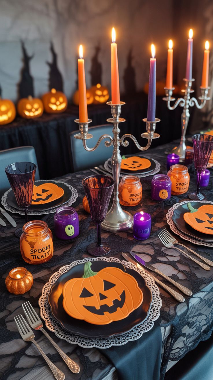 Candelabra Pumpkin Plates Purple Glasses