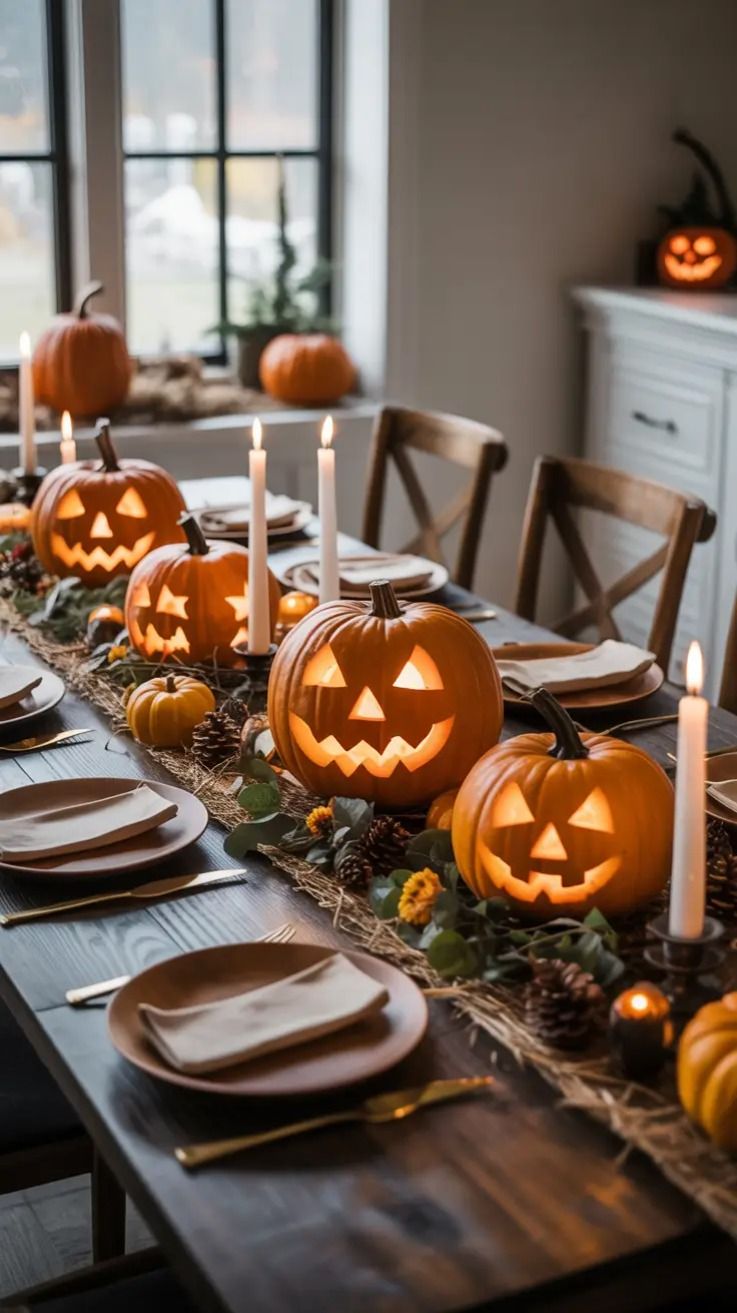 Carved Jack O Lanterns Burlap Runner