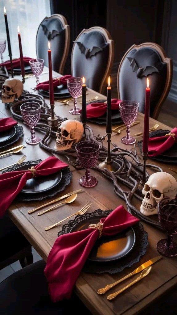 Gothic Skull Branches Burgundy Tablescape