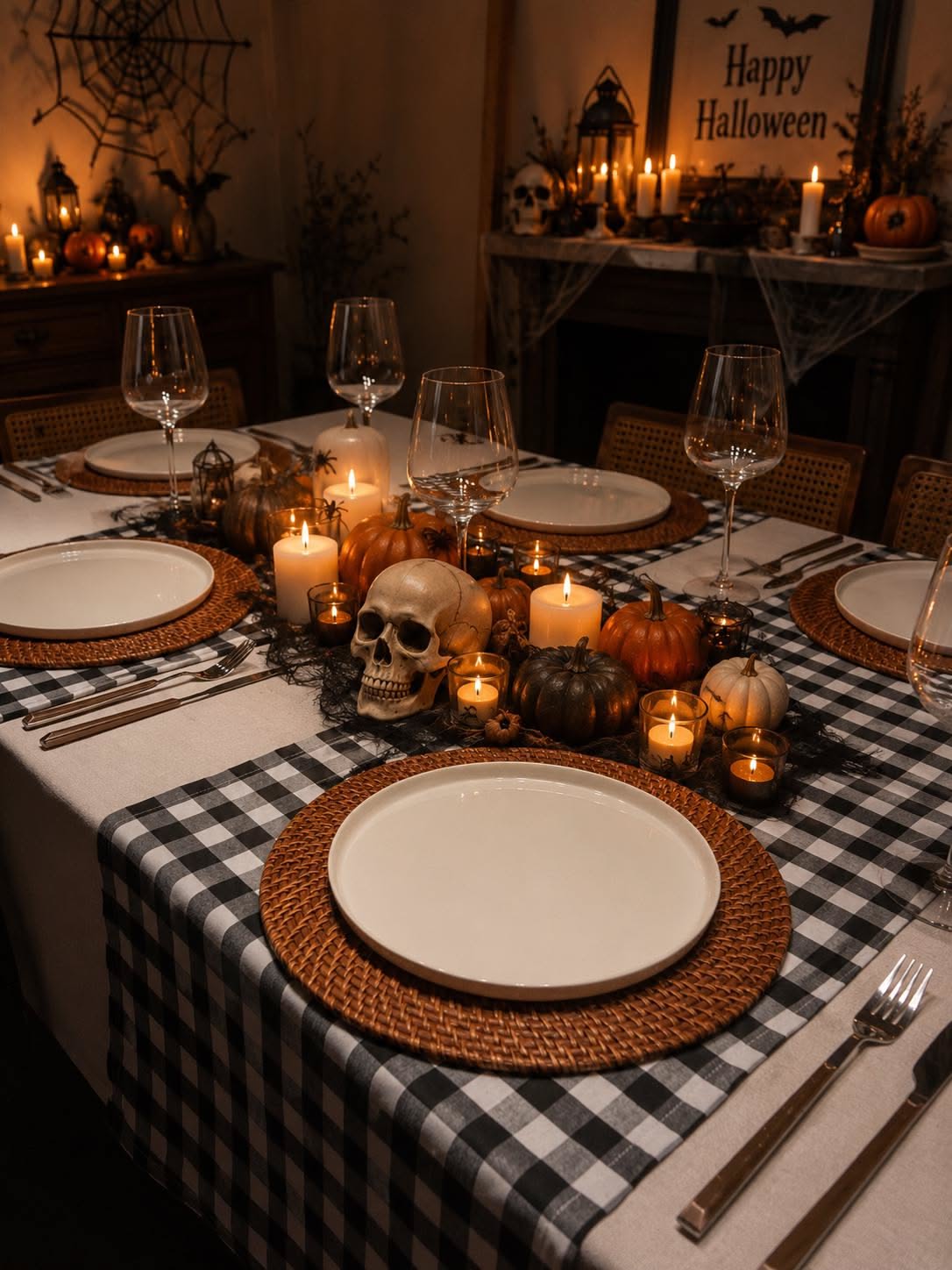 Plaid Tablecloth Skull Centerpiece