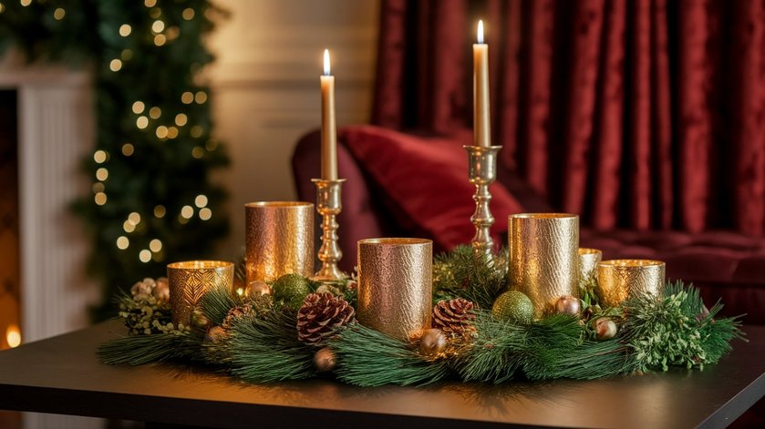 Entryway, large ceramic vase, bare branches with tiny lights, clean background, modern decor.