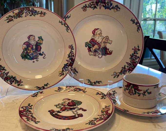 Traditional parlor dining, scene-patterned china, lace tablecloth, warm candlelight, cozy, historic.