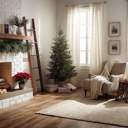 Living room under tree, presents wrapped in kraft paper, velvet ribbons, pine sprigs, neutral color palette.