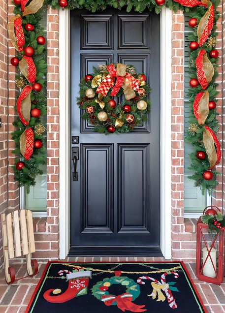 A minimalist holiday wreath adorned with long emerald green velvet ribbons on a white door.