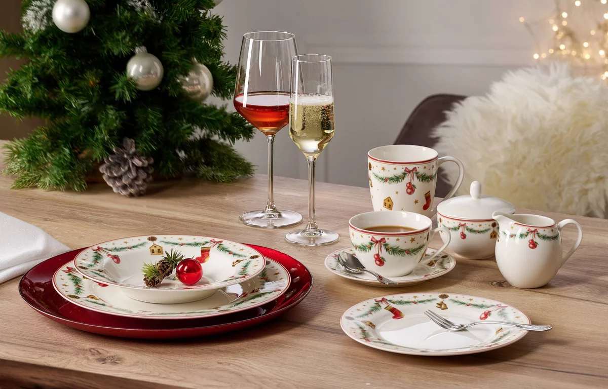 Modern christmas china pattern featuring scattered gold star motifs on white porcelain plates.