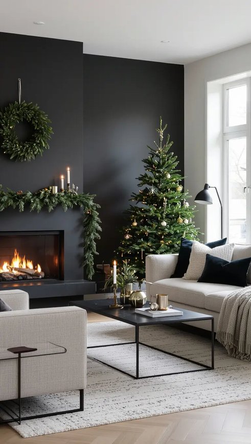A cozy bedroom corner featuring a large illuminated paper star hanging from the ceiling.