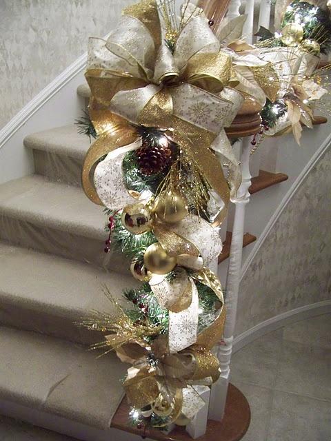 Reading corner featuring a velvet chair, gold floor lamp, and gold christmas decor accents.