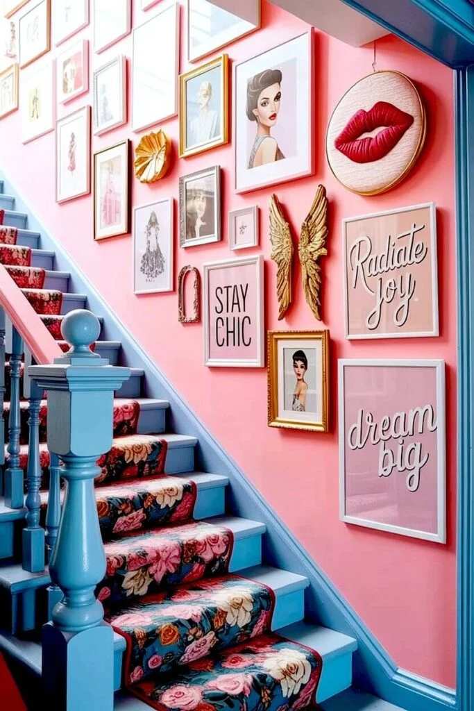 Bold pink pop art prints on white staircase wall, vibrant graphic design, bright lighting