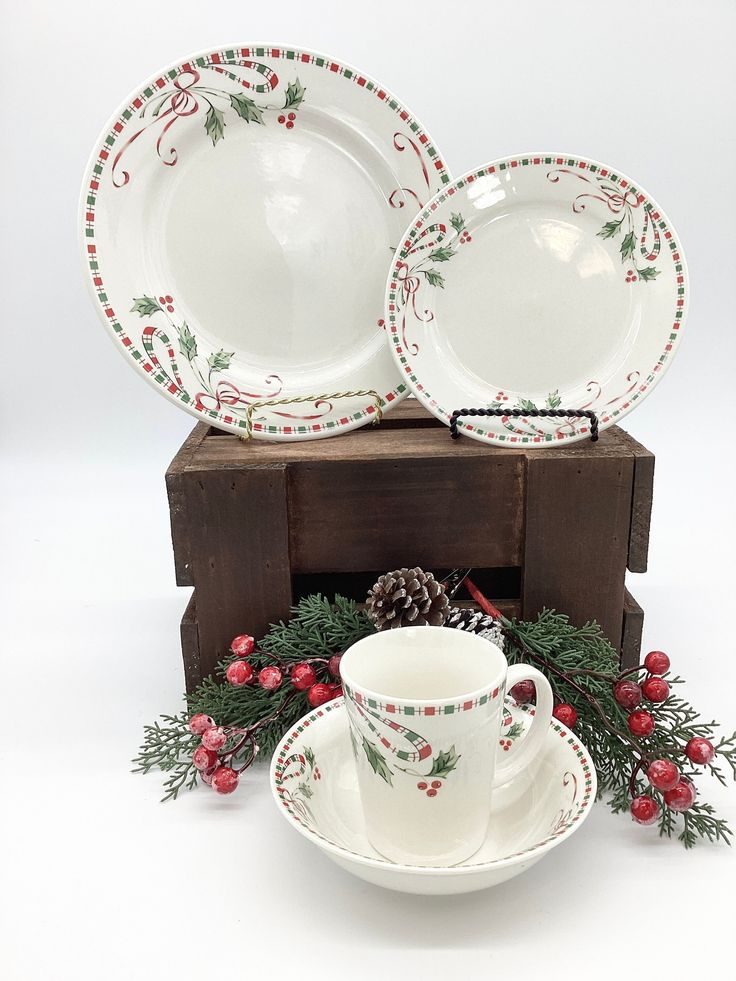 Charming christmas china pattern featuring a classic vintage red truck carrying a pine tree.