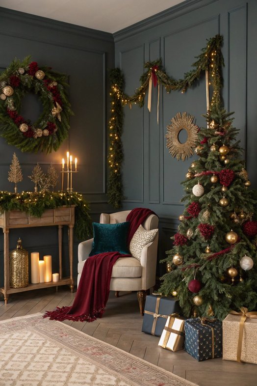 A front door decorated with a large, realistic wreath covered in white frosted berries and pine.