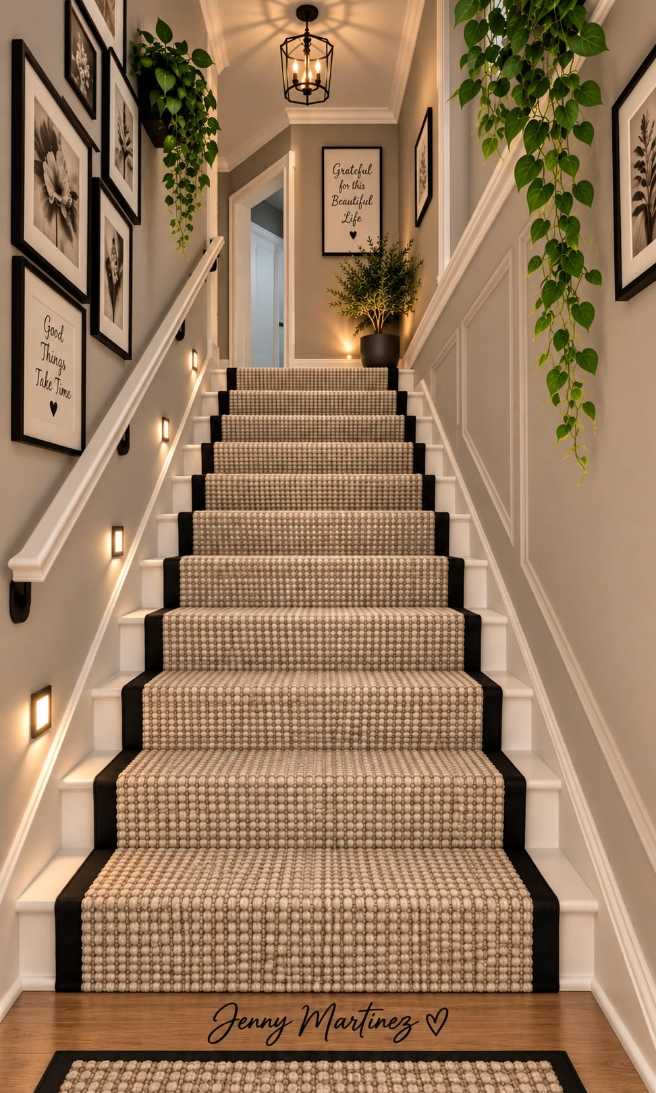 Bohemian stair landing with rattan chair, macrame wall hanging, and potted plants, relaxed vibe