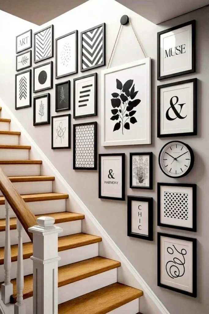 High contrast black and white graphic art, staircase wall, modern interior design