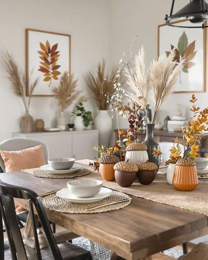 Dining room, acorn‑filled glass vases, pampas grass stems, leaf wall art, natural light, wooden sideboard.