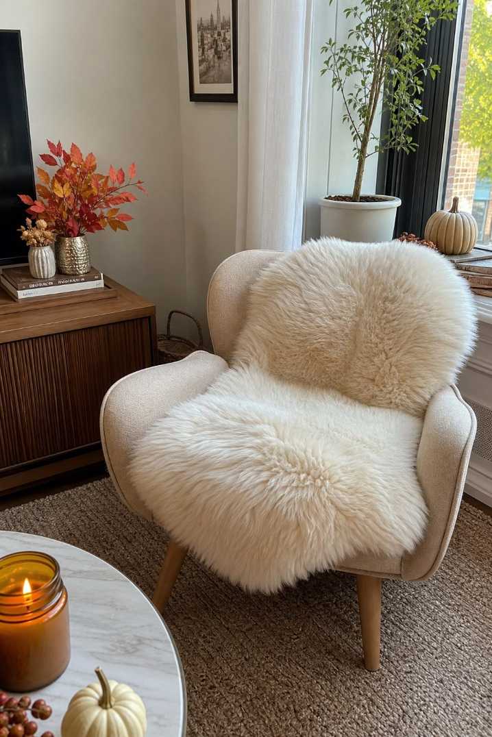 White sheepskin throw on grey velvet armchair natural wood side table soft lighting