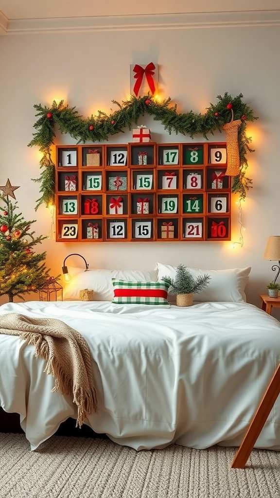 Bedroom wall featuring artistic advent calendar, abstract art, neutral bedding, and soft evening light.