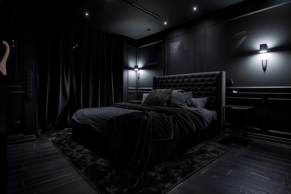 All‑black bedroom with tufted headboard, paired wall sconces, dark wood nightstand, and soft amber lighting.