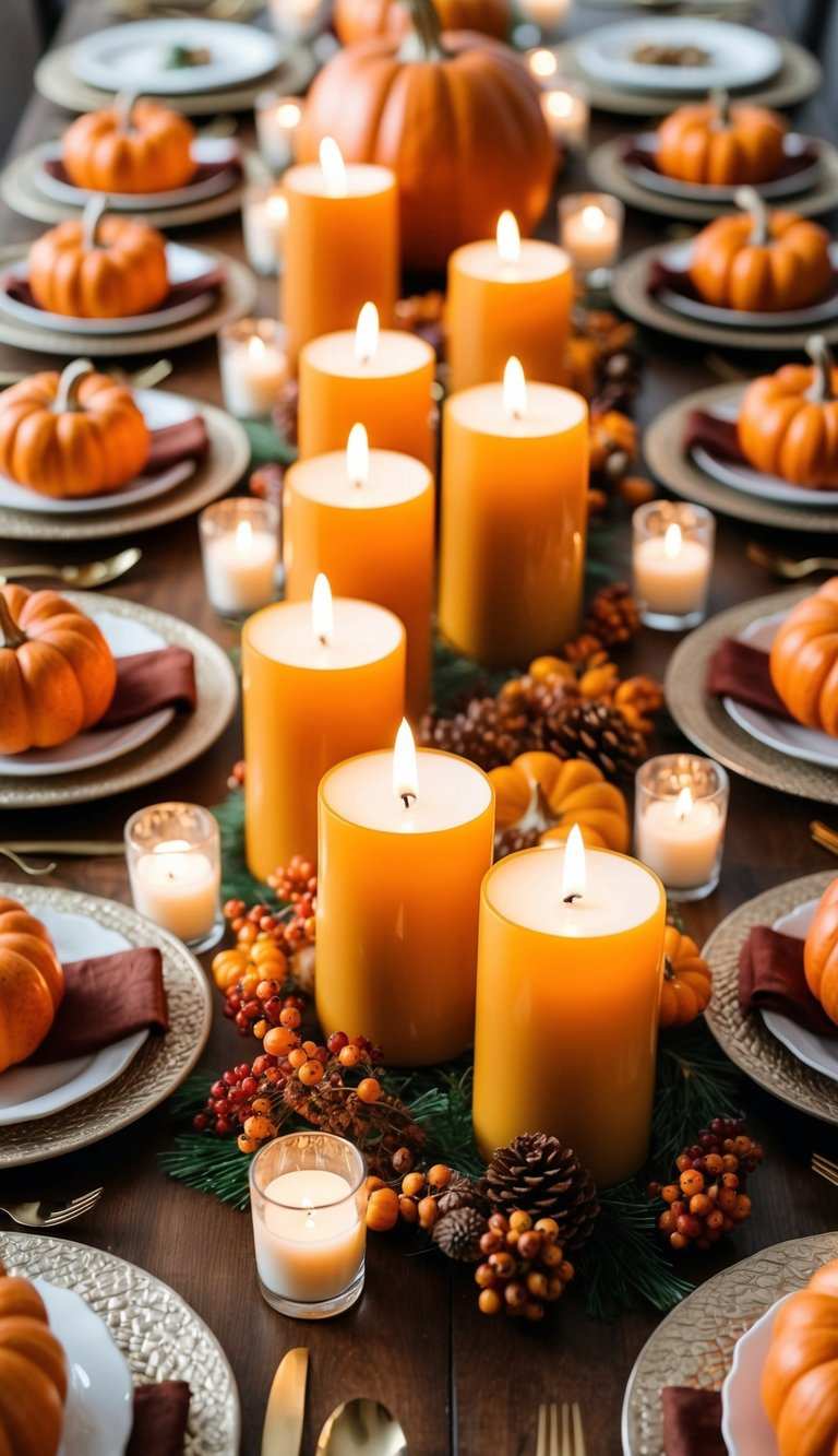 Dining table set with amber pillar candles, brushed gold charger plates, ivory linen, soft glow lighting