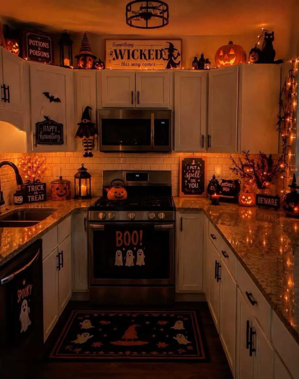 Dark kitchen with ambient orange lighting and wicked witch decor accents