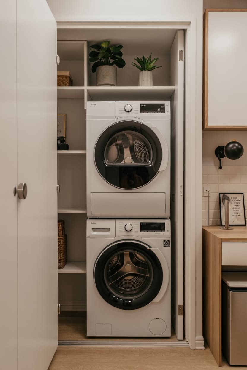Concealed apartment laundry closet with sage green shaker cabinets brass cup pulls and beadboard walls