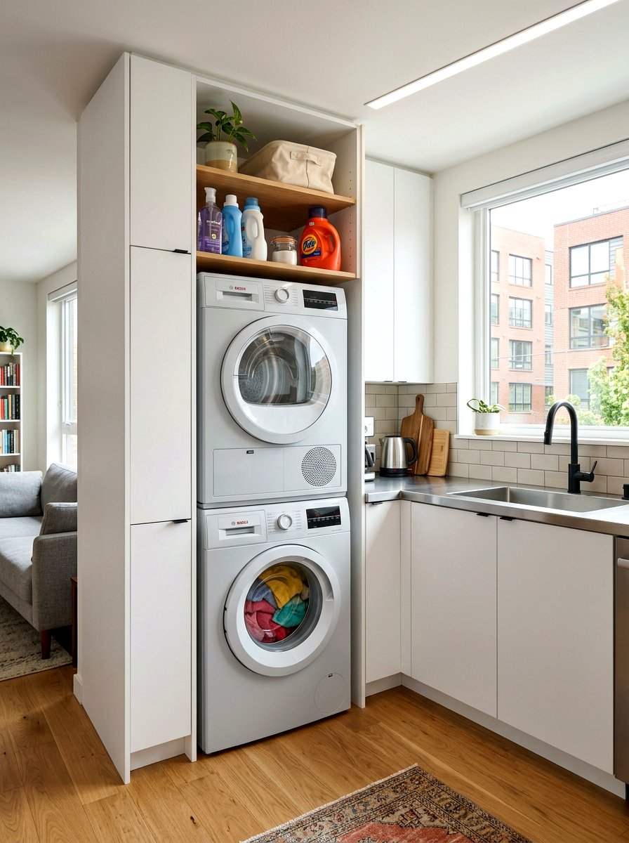 Sleek Japandi apartment laundry room hidden behind slatted bifold doors with warm beige walls stone sink