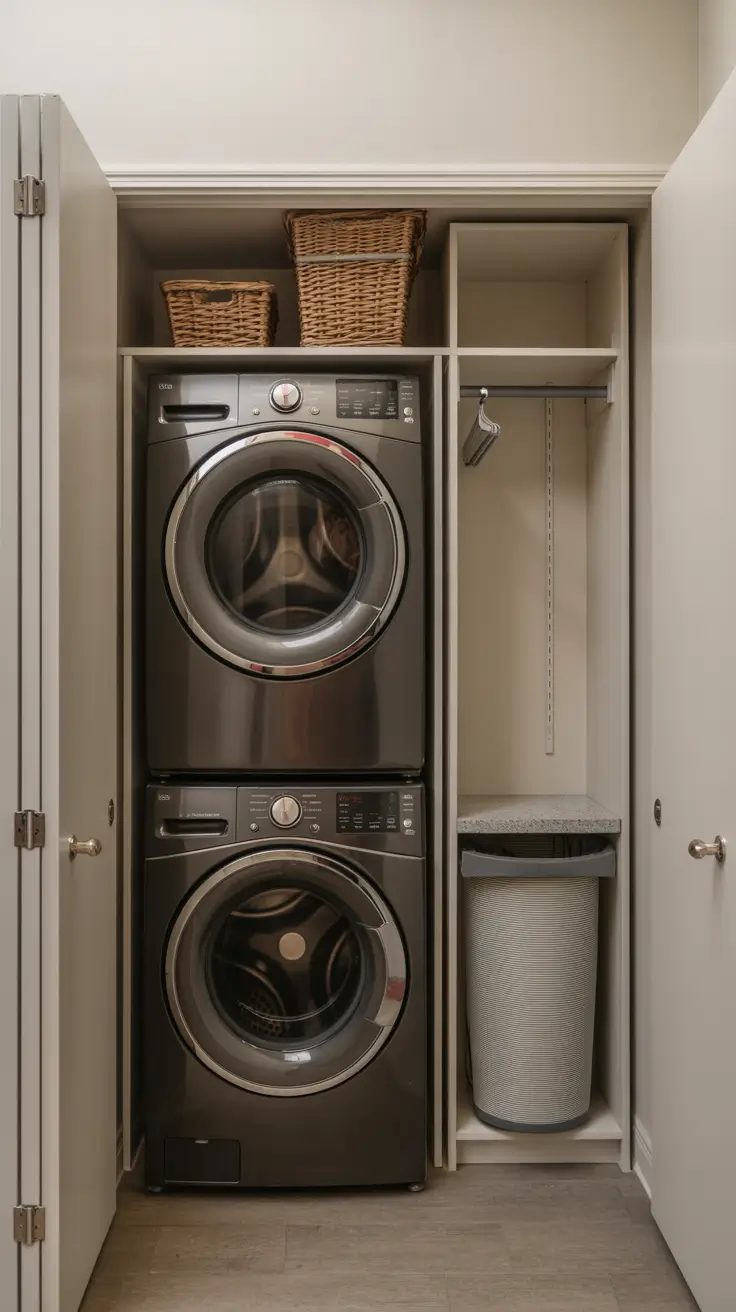 Dark charcoal grey laundry nook with open walnut shelves, gold hardware, and warm directional spotlighting.
