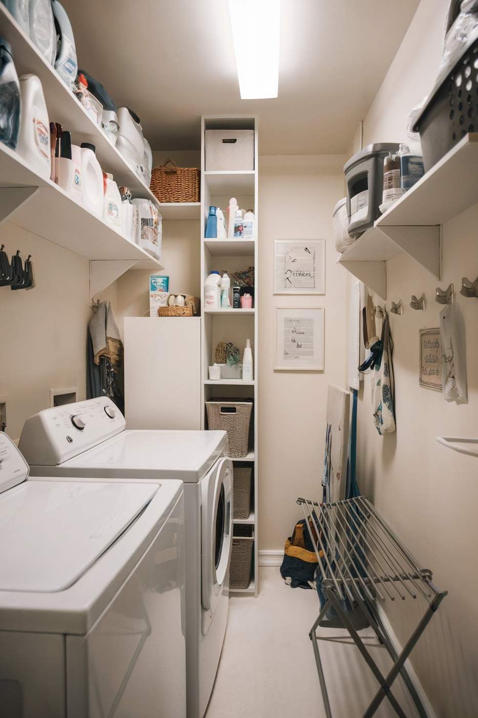Modern black apartment laundry closet with black stacked washer, white marble backsplash, under-cabinet LED strip lights.